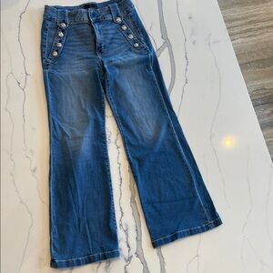 White House Black Market Blue Flare Jeans with Button Accents